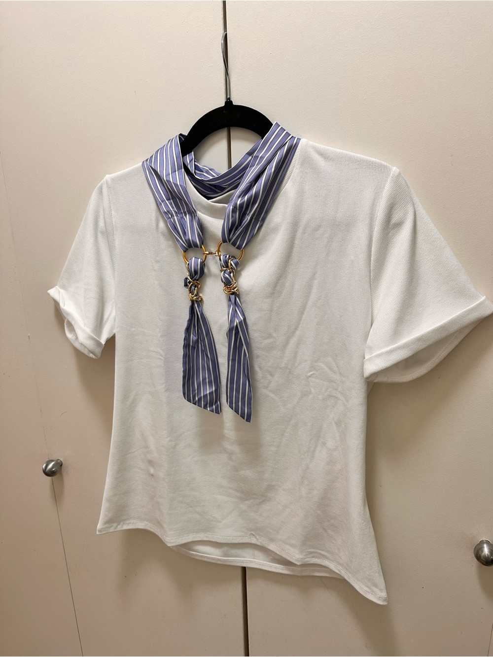 Philosophy Republic Clothing White/Blue Knit Cowl Neck Ring Accent Top XL/TG